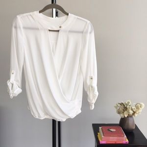 White Draped Blouse with Gold Buttons